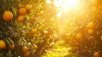 AI generated A radiant citrus grove bathed in golden sunlight, evoking warmth and positivity. photo