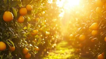 ai generado un radiante agrios arboleda bañado en dorado luz de sol, evocando calor y positividad foto