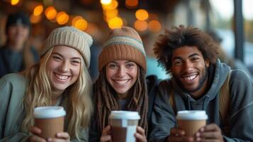 AI generated Urban coffee enthusiasts enjoy their brews, looking into the camera with charm photo