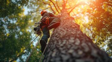 AI generated An expert arborist climbing a towering tree to perform maintenance on its magnificent branches photo