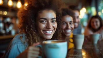 AI generated Urban coffee enthusiasts enjoy their brews, looking into the camera with charm photo