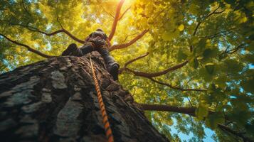 AI generated An expert arborist climbing a towering tree to perform maintenance on its magnificent branches photo