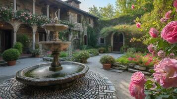 ai generado un guijarro patio es agraciado por un esculpido fuente y vibrante rosado rosas en lleno floración foto