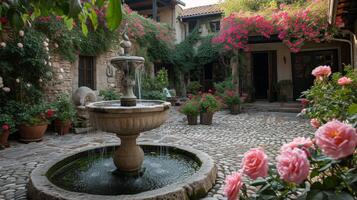 ai generado un guijarro patio es agraciado por un esculpido fuente y vibrante rosado rosas en lleno floración foto