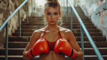 ai generado atlético mujer en boxeo formación foto