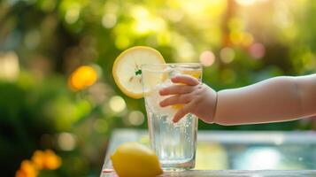 ai generado un joven niño mano alcanzando para un alto vaso de limonada, capturar el inocencia de verano foto