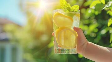 ai generado un joven niño mano alcanzando para un alto vaso de limonada, capturar el inocencia de verano foto