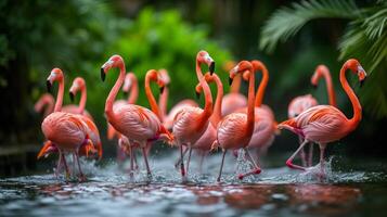 ai generado un rebaño de flamencos crea un fascinante bailar, su largo cuellos graciosamente curvo foto