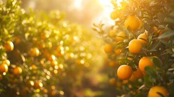 AI generated A radiant citrus grove bathed in golden sunlight, evoking warmth and positivity. photo