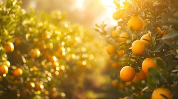 AI generated A radiant citrus grove bathed in golden sunlight, evoking warmth and positivity. photo