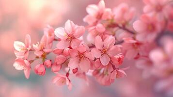 AI generated Delicate cherry blossoms in full bloom set against a soft pastel backdrop embody the beauty of spring photo