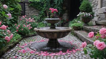 ai generado un guijarro patio es agraciado por un esculpido fuente y vibrante rosado rosas en lleno floración foto