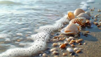 AI generated Seashells and pebbles adorn the shore, adding natural beauty to the beachscape photo
