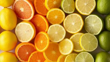ai generado un vistoso popurrí de limones, limas, y naranjas arreglado en un armonioso monitor foto