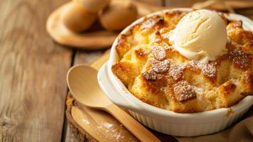 ai generado un calentar un pan pudín con un dorado corteza, servido con un cucharón de vainilla hielo crema foto