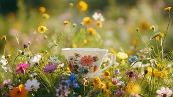 ai generado un taza para té anidado entre vibrante flores silvestres, creando un pintoresco campo escena foto