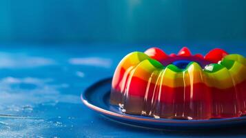 ai generado un vibrante y translúcido arco iris jalea postre, un banquete para el ojos y gusto brotes foto