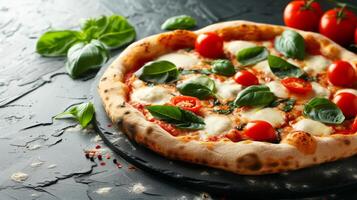 AI generated A traditional margherita pizza with a blistered crust, tomatoes, basil, and mozzarella photo