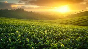 ai generado un té plantación a amanecer, con ordenado filas de té arbustos extensión a el horizonte foto