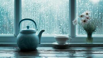 AI generated A tranquil moment with a teapot and cup on a windowsill, raindrops on the glass photo