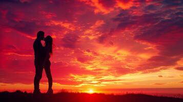 ai generado un de pareja apasionado Beso debajo un vibrante atardecer, amor encendido en el crepúsculo foto