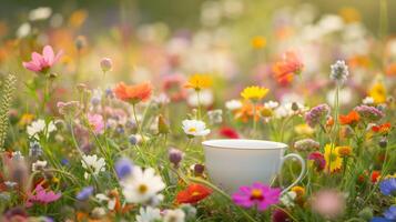 ai generado un taza para té anidado entre vibrante flores silvestres, creando un pintoresco campo escena foto