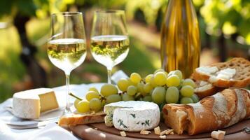 AI generated A vineyard picnic with a platter of cheeses, fresh bread, and glasses filled with white wine photo