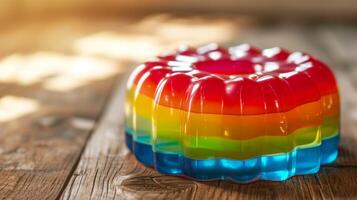 ai generado un vibrante y translúcido arco iris jalea postre, un banquete para el ojos y gusto brotes foto