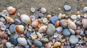 ai generado conchas marinas y guijarros adornar el costa, agregando natural belleza a el paisaje de playa foto