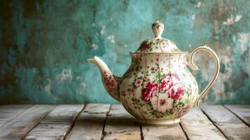 AI generated A vintage teapot with intricate floral patterns, evoking nostalgia for bygone eras photo