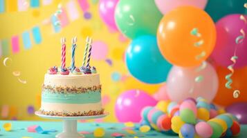 ai generado un vibrante y vistoso cumpleaños fiesta ajuste con globos, serpentinas, y un festivo pastel foto