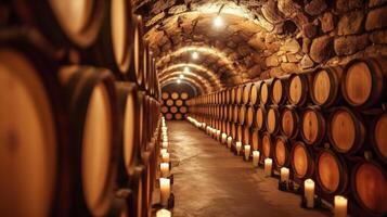 AI generated An elegant wine cellar, lined with oak barrels and aging bottles, lit by soft candlelight photo