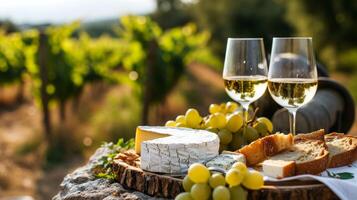 AI generated A vineyard picnic with a platter of cheeses, fresh bread, and glasses filled with white wine photo