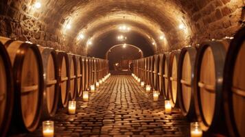 AI generated An elegant wine cellar, lined with oak barrels and aging bottles, lit by soft candlelight photo