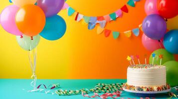 ai generado un vibrante y vistoso cumpleaños fiesta ajuste con globos, serpentinas, y un festivo pastel foto