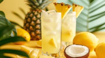 ai generado un tropical giro en clásico limonada con adicional piña y Coco sabores foto