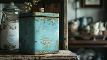 AI generated A vintage tea tin, well-worn and full of character, sitting on a kitchen shelf photo