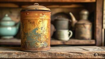 AI generated A vintage tea tin, well-worn and full of character, sitting on a kitchen shelf photo