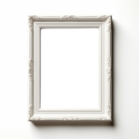 AI generated Empty transparent natural wooden photo frame on white wall background. Realistic border wooden rectangular picture frame for design, Image display concept png