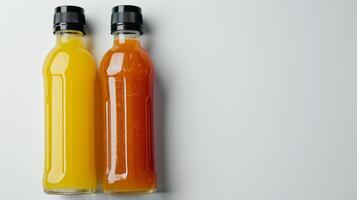 AI generated three bottles of natural fruit or vegetable juices can be seen photo