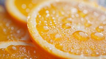 AI generated Vibrant orange slices glisten with dew, capturing the essence of freshness. large copyspace area photo