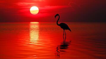 AI generated A flamingo's striking silhouette reflects in the calm waters as the sun sets photo