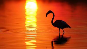 AI generated A flamingo's striking silhouette reflects in the calm waters as the sun sets photo