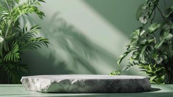 AI generated Product Presentation Concept Featuring a Natural Stone Podium on a Green Background photo