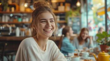 AI generated Stylish people relish coffee moments in city cafes, sharing radiant smiles photo