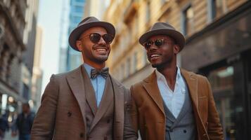 AI generated Handsome urbanites in stylish attire, confidently smiling amid city backdrops photo