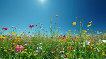 ai generado un vibrante prado punteado con flores silvestres en contra un claro azul cielo celebra el llegada de primavera foto