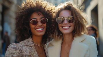 AI generated Stylish ladies exude charm in city settings, their smiles lighting up the scene photo