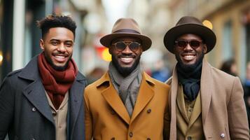 AI generated Stylish city gents, capturing the essence of urban life with bright smiles photo