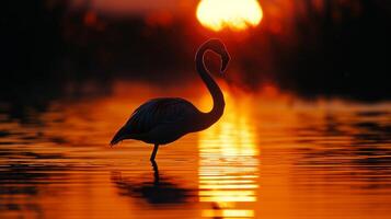 AI generated A flamingo's striking silhouette reflects in the calm waters as the sun sets photo